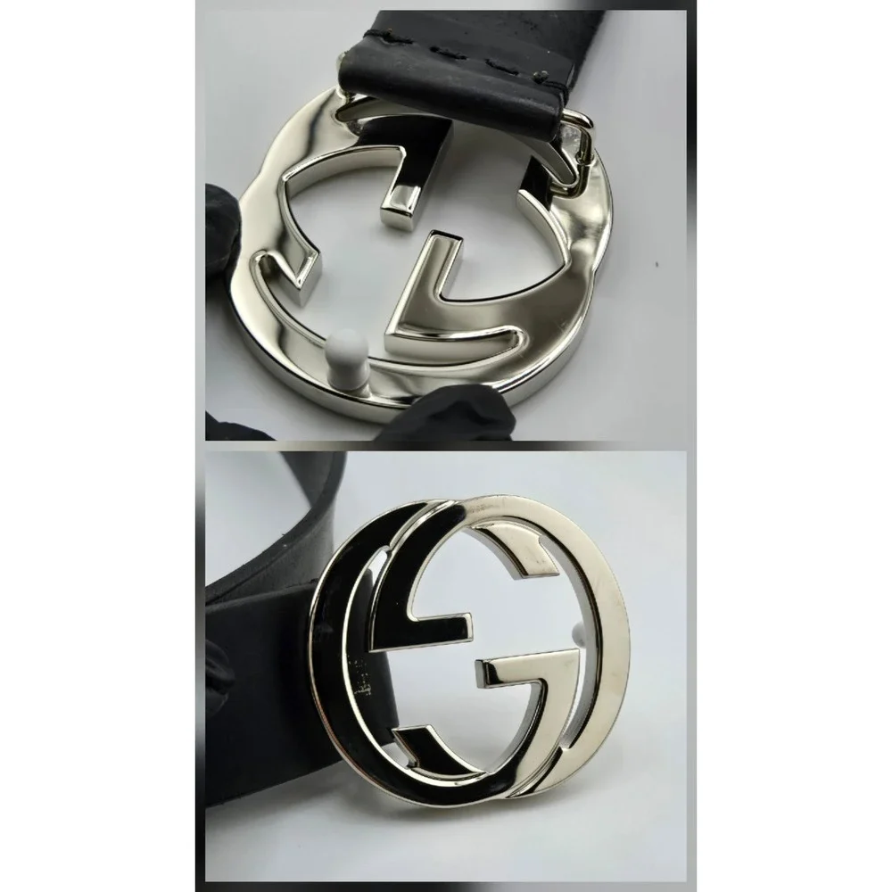 Gucci Interlocking G Belt Black Leather Silver Buckle Mens 44 Inch Large